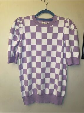 Vine & Love Lavender and White Checkerboard Puff-Sleeve Sweater 🆕